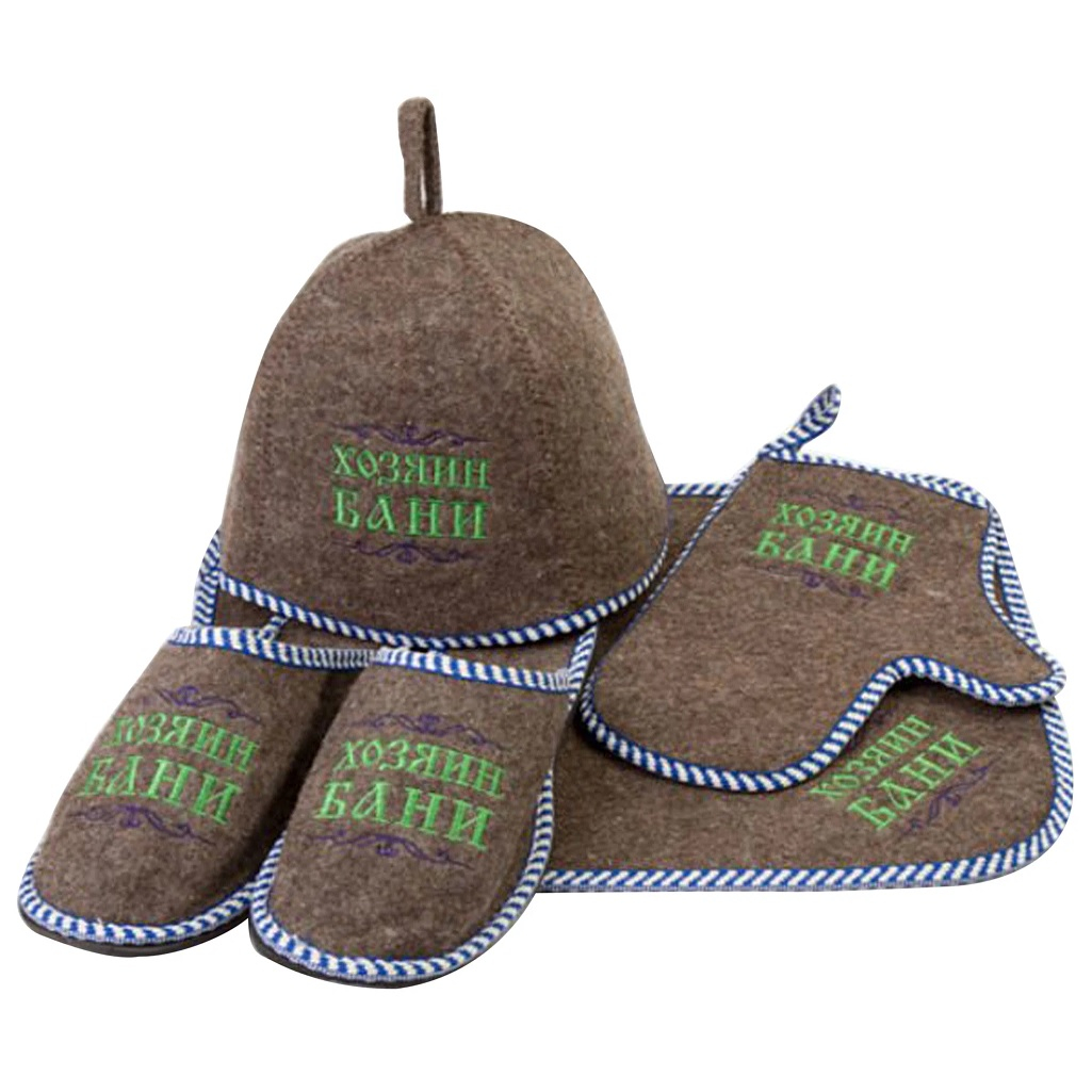 Набор 212F Н-1 Хозяин бани, шапка, коврик, рукавица, тапки, войлок, серый