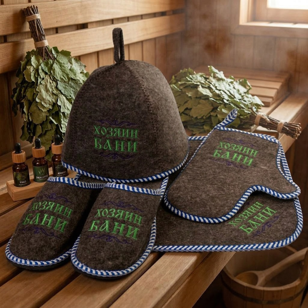 Набор 212F Н-1 Хозяин бани, шапка, коврик, рукавица, тапки, войлок, серый
