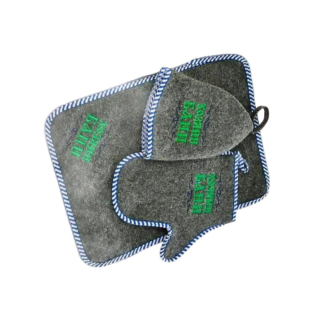 Набор для бани и сауны 212F Хозяин бани ЗПР-1, войлок серый, шапка, коврик, рукавица