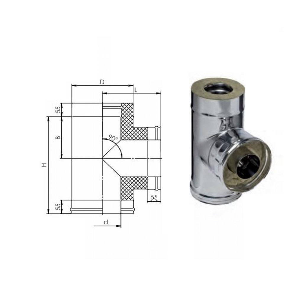 Тройник для дымохода Ferrum К d150х210, 90 гр., нержавеющая сталь 0.5 мм, сэндвич-конструкция