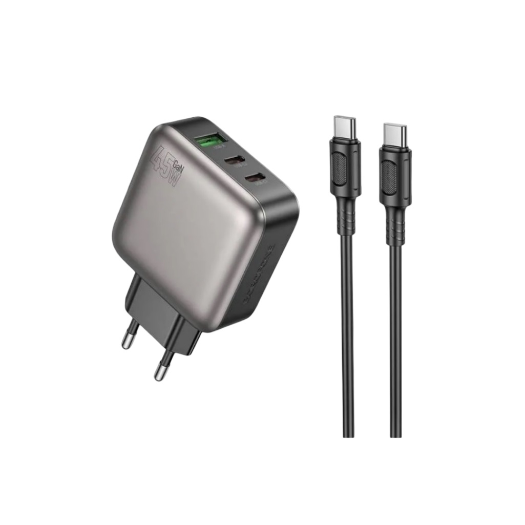 Блок зарядный Borofone BAS56A, для всех гаджетов, PD45W 2C+U charger set EU, комплект с кабелем Type-C на Type-C, черный