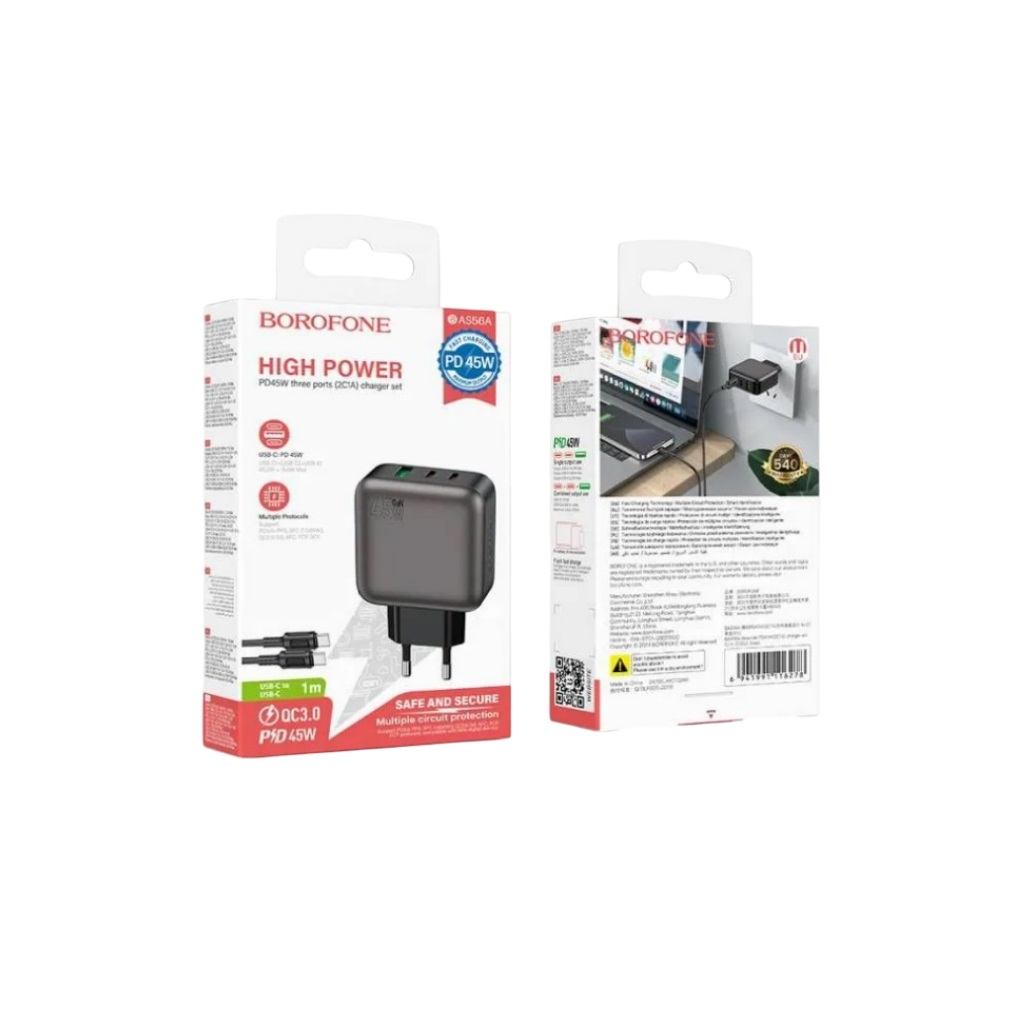 Блок зарядный Borofone BAS56A, для всех гаджетов, PD45W 2C+U charger set EU, комплект с кабелем Type-C на Type-C, черный