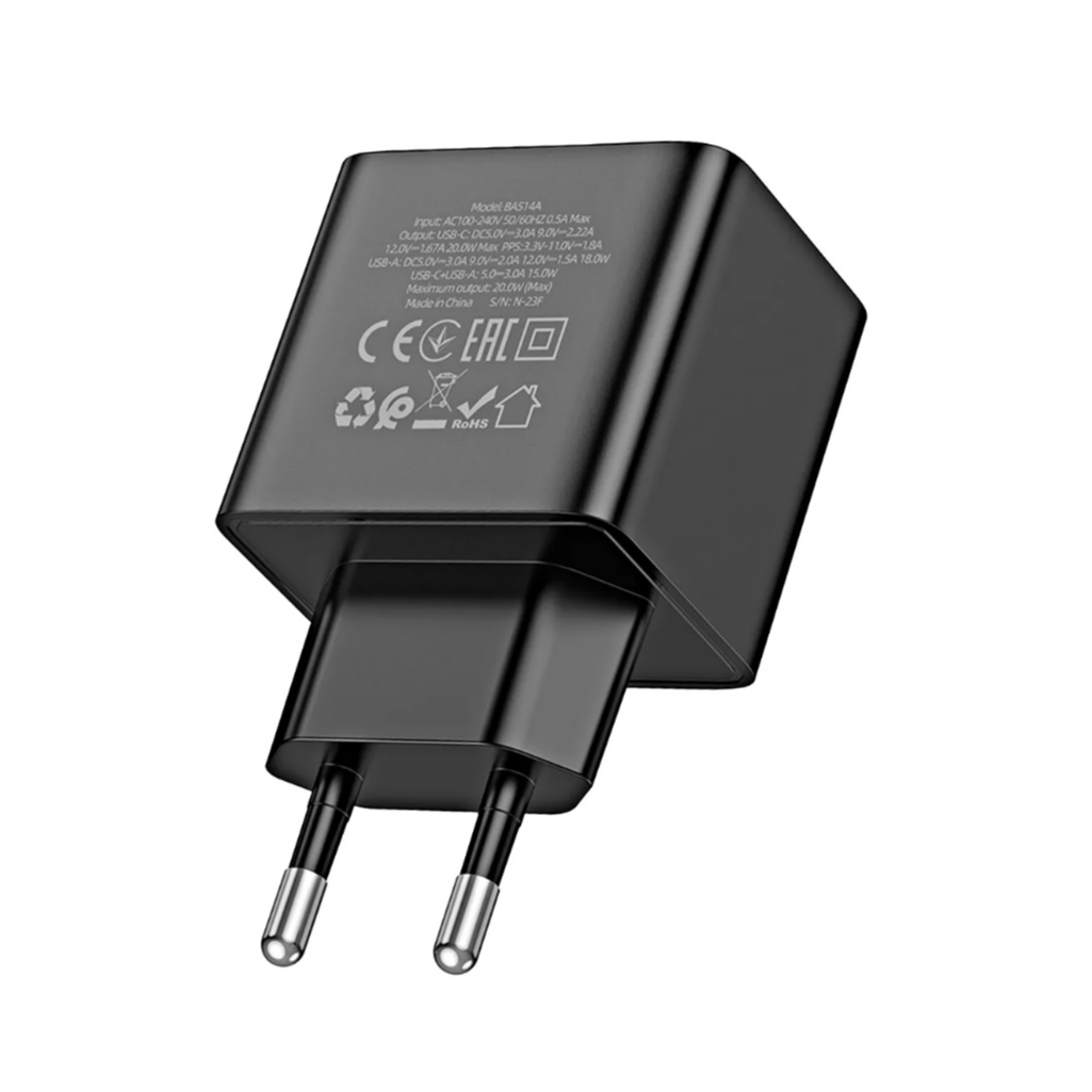 Блок зарядный Borofone BAS14A, PD20W/QC3.0, матовое покрытие, черный