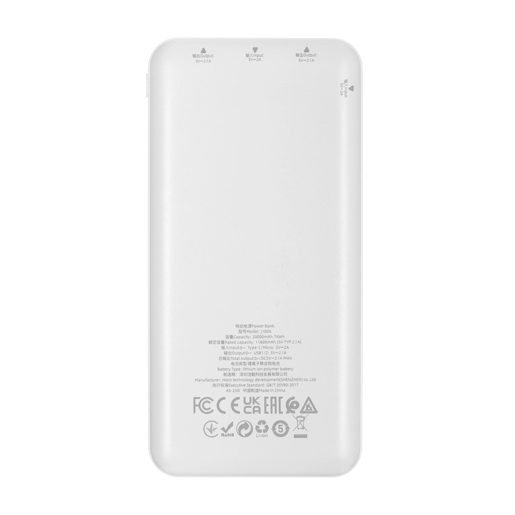 Аккумулятор внешний Hoco J100А, 10.5 Вт, 2хUSB-A, 10000 мАч, белый