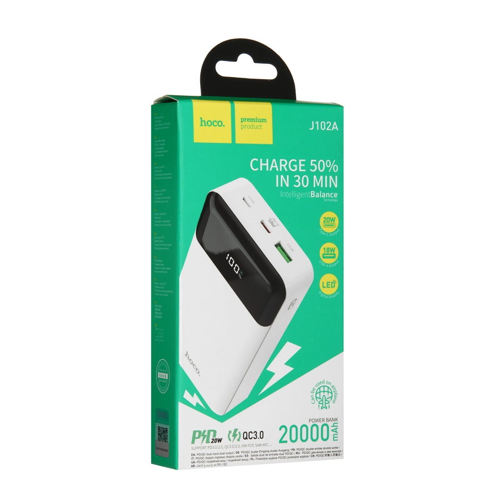 Аккумулятор внешний Hoco J102А, 20 Вт, USB-A, USB-C, 20000 мАч, белый