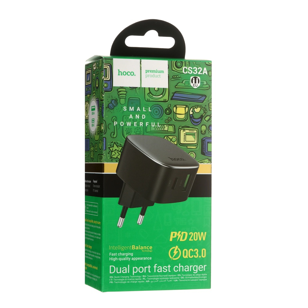 Блок зарядный Hoco CS32A, USB-Type-C, 3 А, 2 разъема, черный