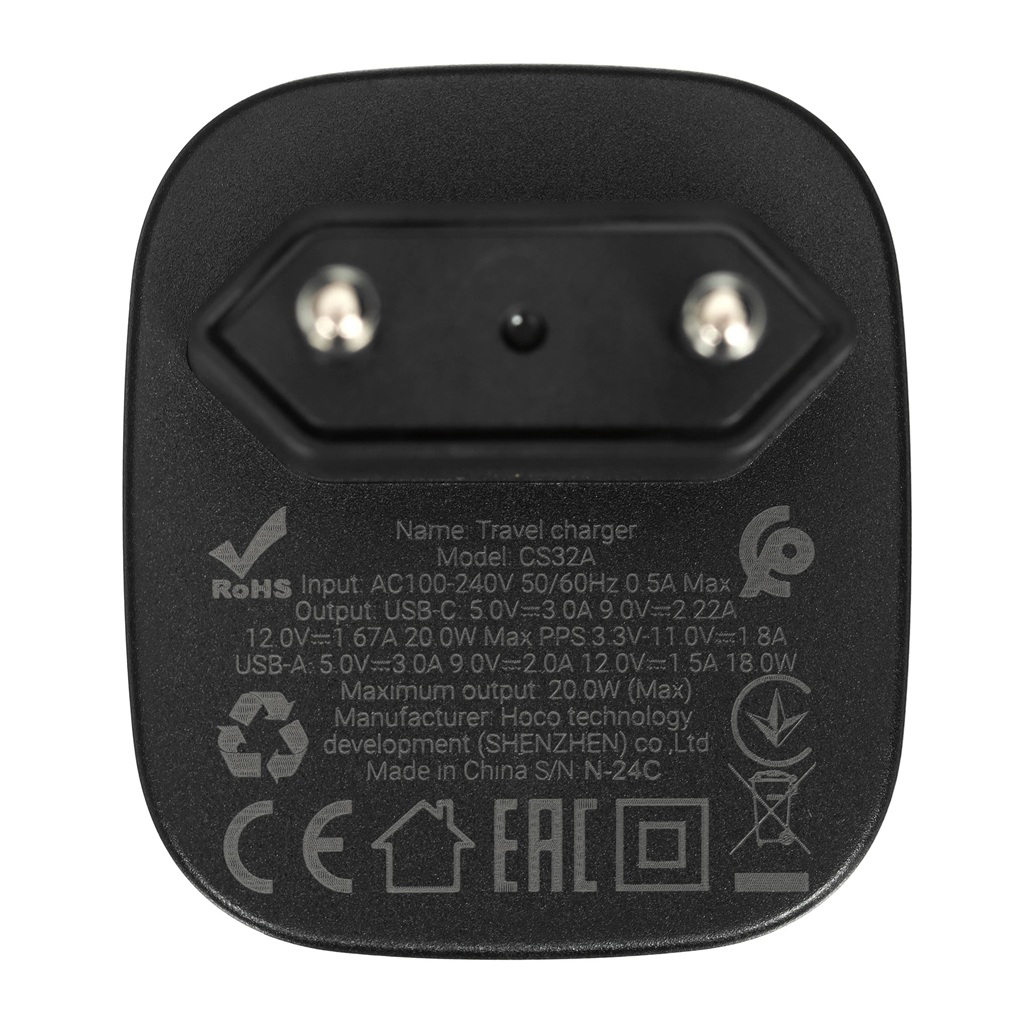 Блок зарядный Hoco CS32A, USB-Type-C, 3 А, 2 разъема, черный