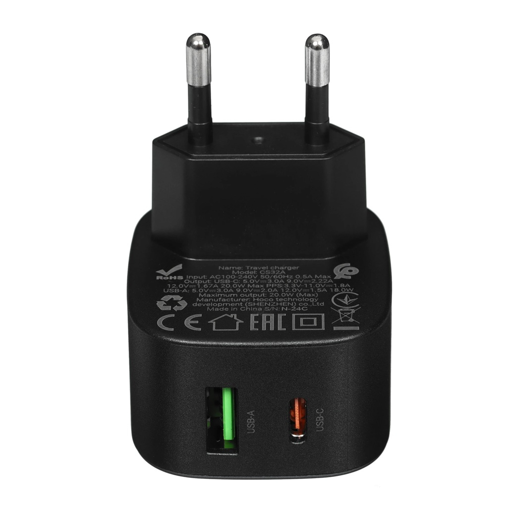 Блок зарядный Hoco CS32A, USB-Type-C, 3 А, 2 разъема, черный