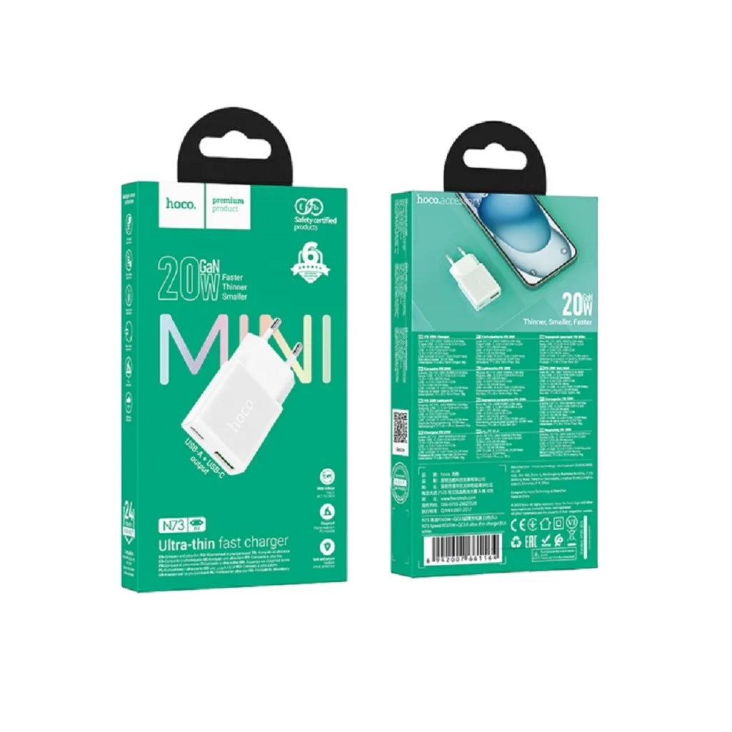 Устройство зарядное Hoco N73 Speed PD20W+QC3.0, Type-C - Type-C EU, белый