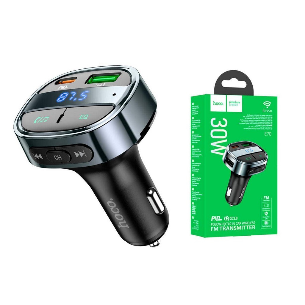 FM-трансмиттер Hoco E70 PD30W+QC3.0, E70, Bluetooth, QC3.0, PD 30 Вт, черный
