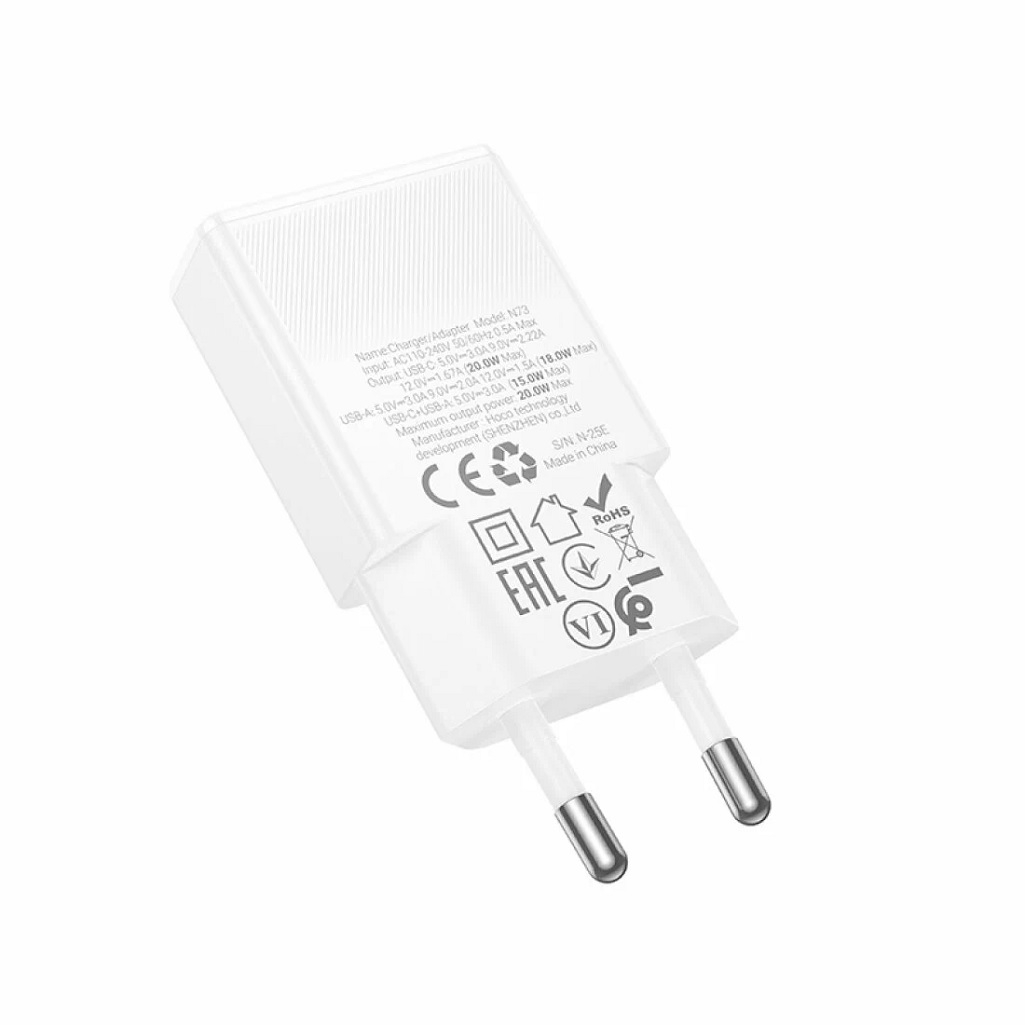 Блок зарядный Hoco N73W, USB Type-A, USB Type-C, 18 Вт, 3А, 2 порта, белый
