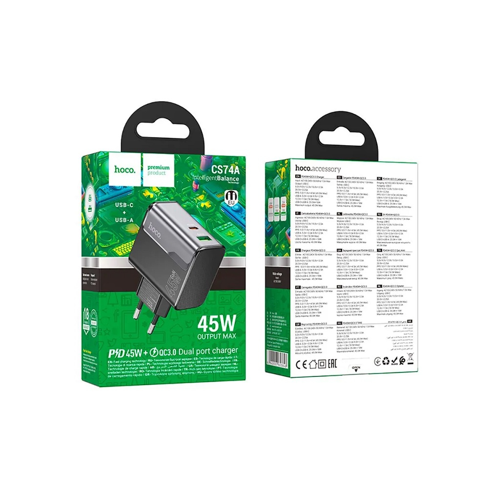Блок зарядный Hoco CS74A PD45W+QC3.0, 5-12В, 3 А, Type-C + USB, черный