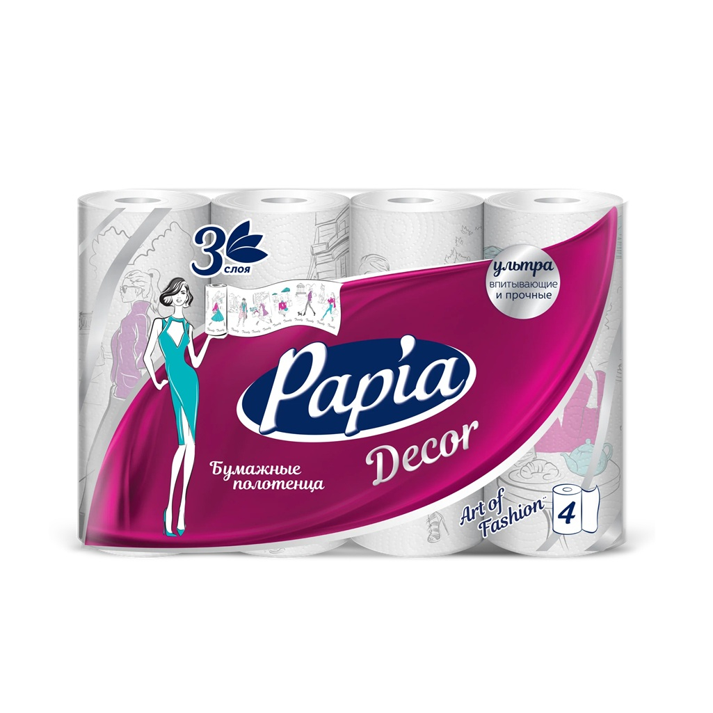 Полотенца бумажные Papia Decor, 3 слоя, 83 листа, 4 рулона, белые