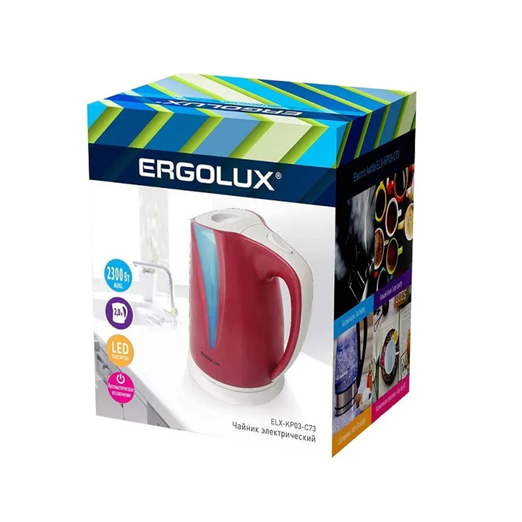 Чайник электрический Ergolux ELX-KP03-C73, пластик, красный, 2 л