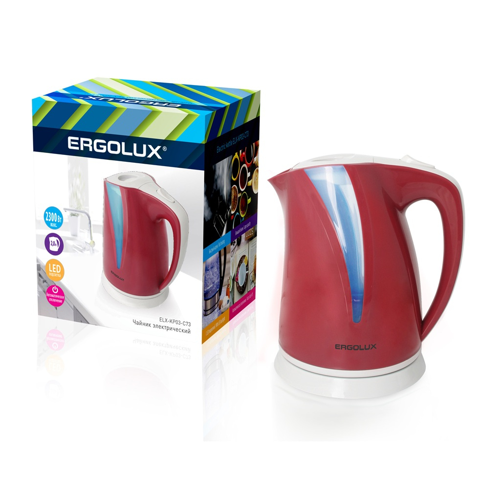 Чайник электрический Ergolux ELX-KP03-C73, пластик, красный, 2 л