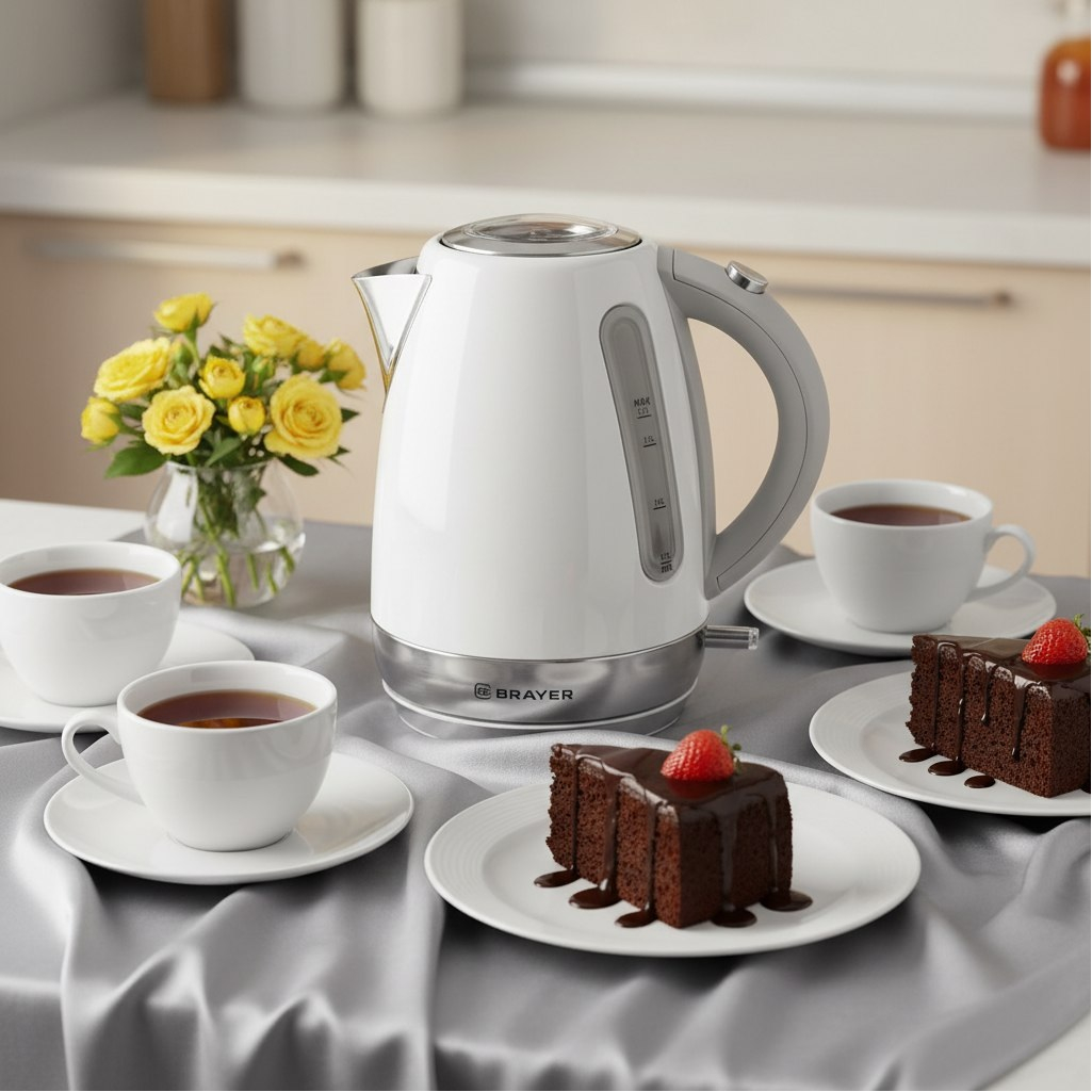 Чайник электрический Brayer BR6110, 1.7 л, 2200 Вт, поворот на 360 градусов, белый