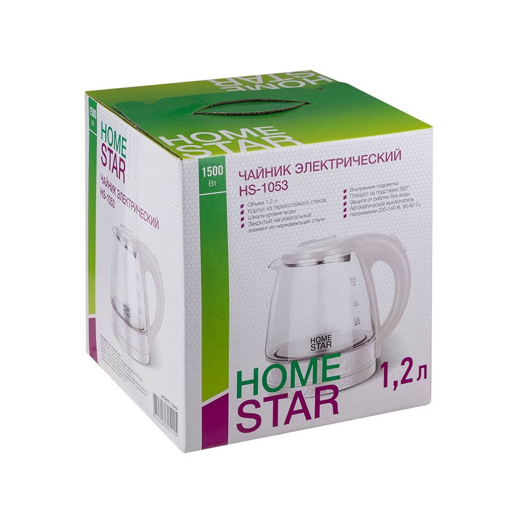 Чайник электрический Homestar HS-1053, 1.2 л, 1.5 кВт, прозрачный, белый