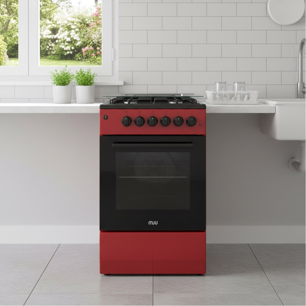 Плита газовая MIU UNO 52S, УТ-00002893, цвет красный, объем духовки 54 л, откидная дверца