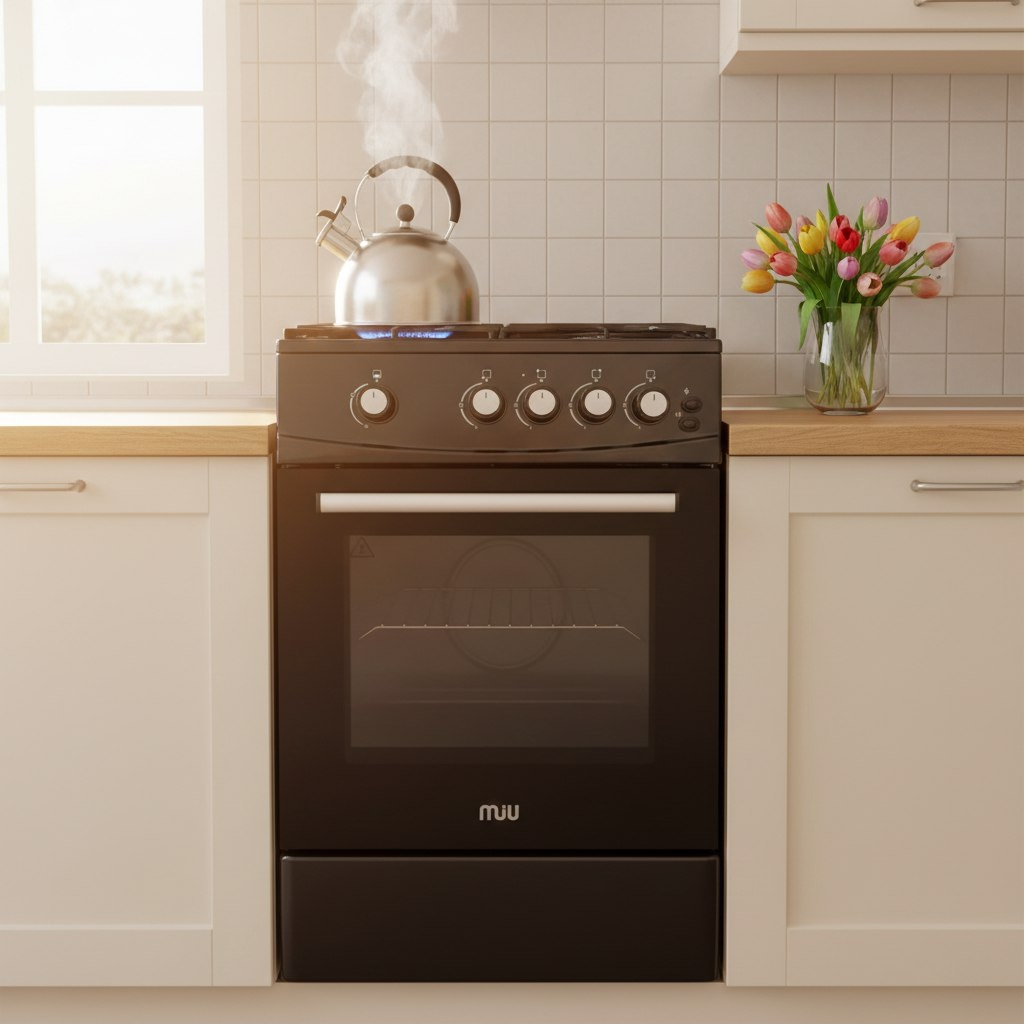 Плита комбинированная MIU UNO 51S, цвет черный, объем электродуховки 52.8 л, откидная дверца