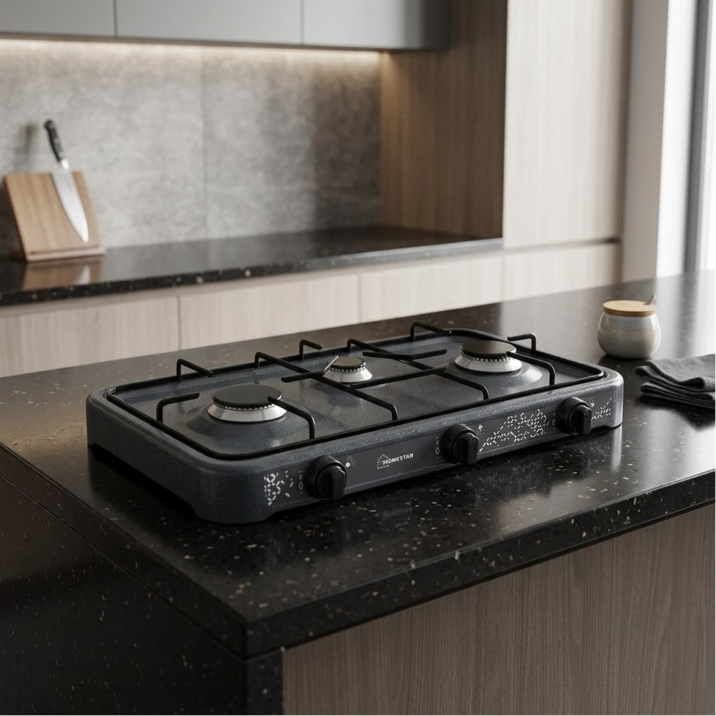Плита газовая настольная Homestar HS-1203, 212165, 3 конфорки, цвет серый