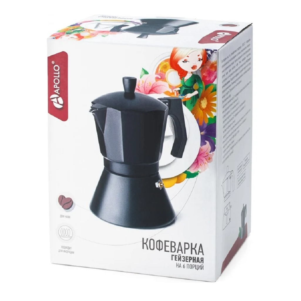 Кофеварка гейзерная Apollo APL-06 алюминий 0.3 л, 6 порций, индукция