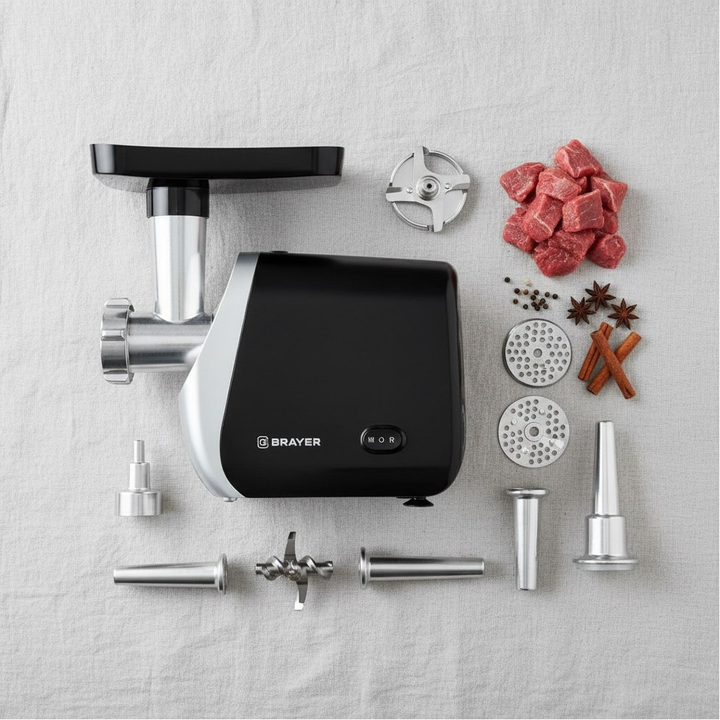 Мясорубка Brayer BR1609, 3 диска, 3 насадки, реверс, 2 кг в мин, 2000 Вт