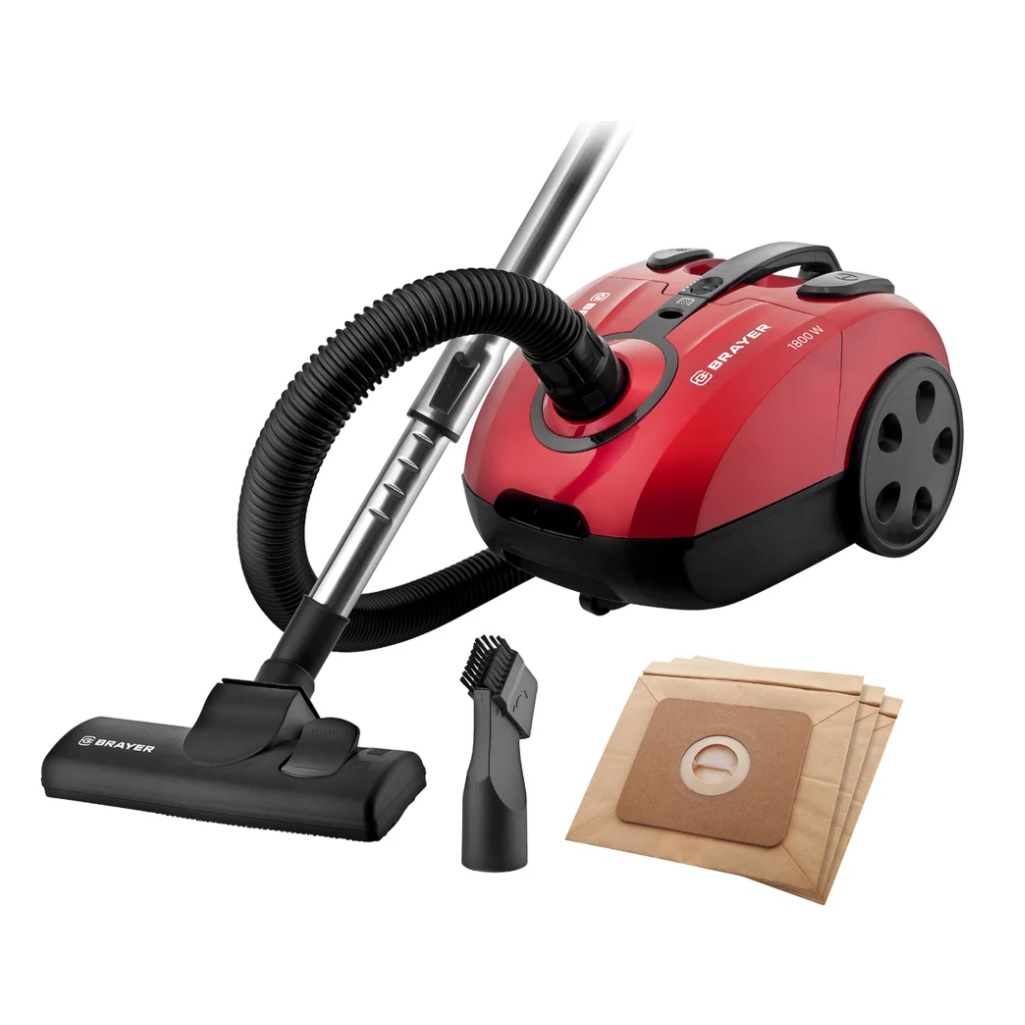 Пылесос мешковый Brayer BR4223, красный, объем бака 2.5 л, 1800 Вт