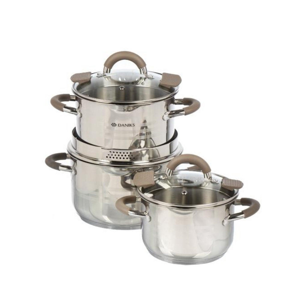 Набор посуды Daniks Nara GS-01413-6PC-2, нержавеющая сталь, 6 предметов, кастрюли 2.1, 2.9, 3.9 л, индукция