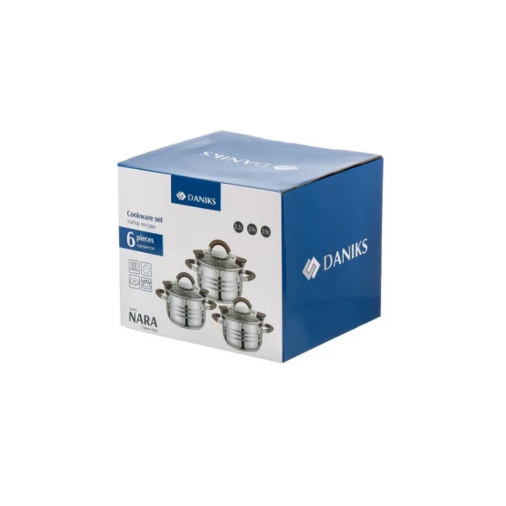 Набор посуды Daniks Nara GS-01413-6PC-2, нержавеющая сталь, 6 предметов, кастрюли 2.1, 2.9, 3.9 л, индукция