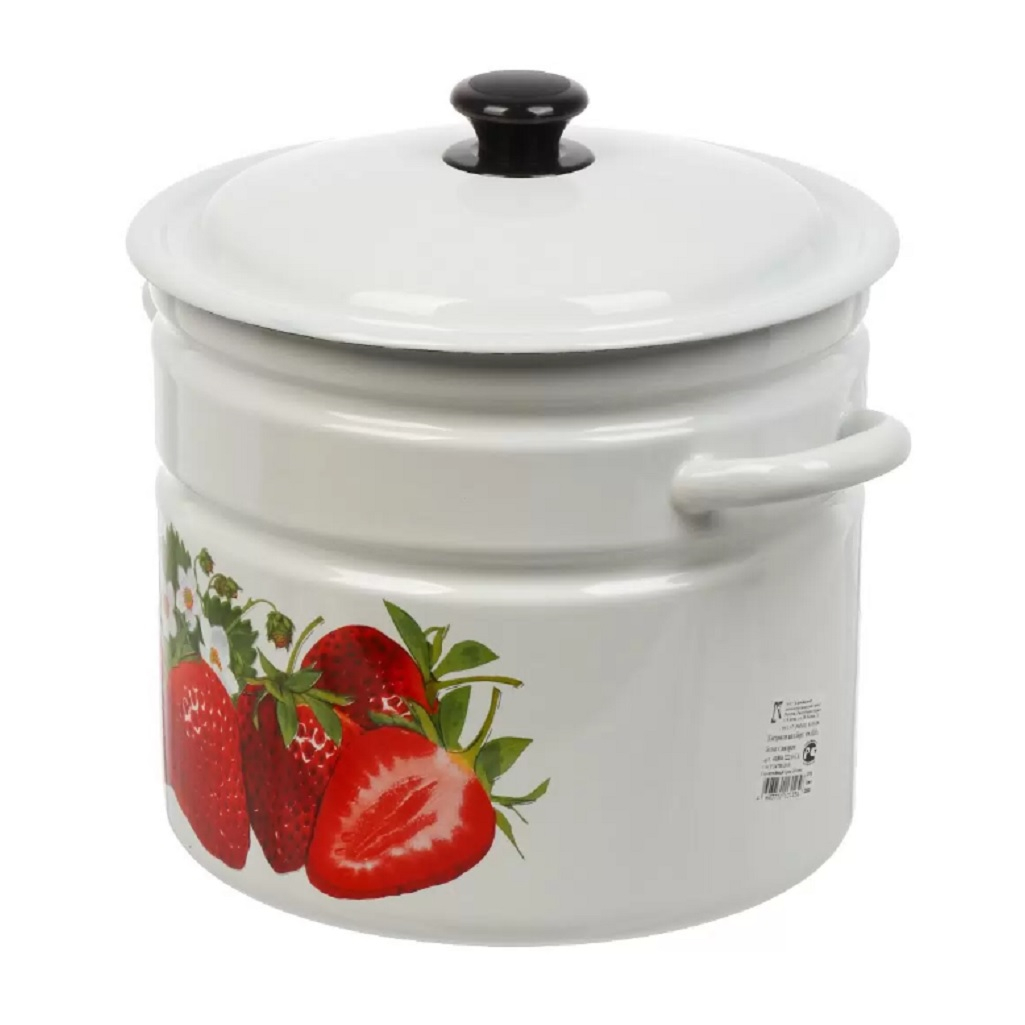 Кастрюля эмалированная КМЗ Садовая клубника цилиндрическая, гладкая белая эмаль, 10 л