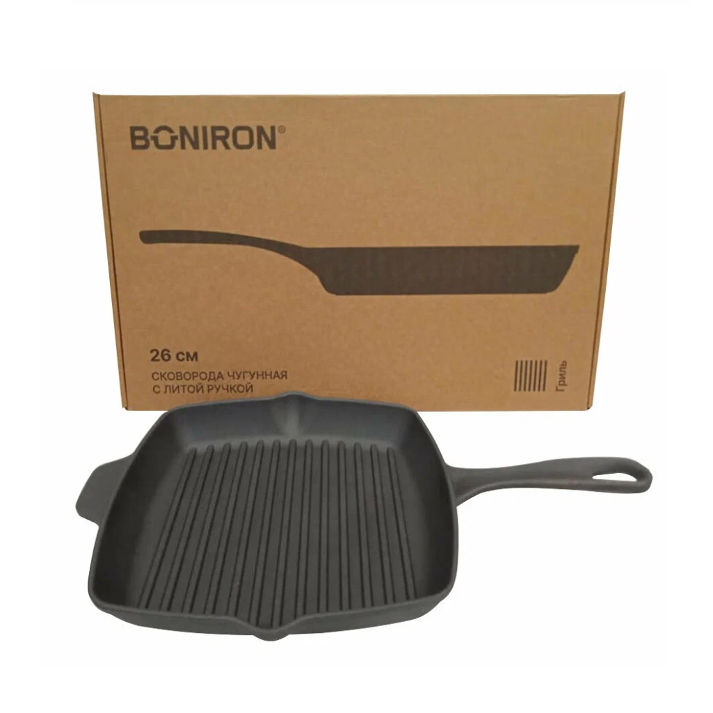 Сковорода-гриль Boniron чугунная, с литой ручкой, для всех типов плит 45х260х260 мм
