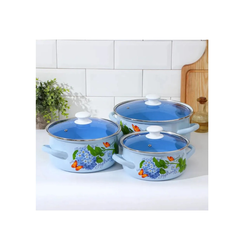 Набор эмалированных кастрюль Керченский металлургический завод Гортензия-Экстра, 2л, 3л, 4л, с крышками