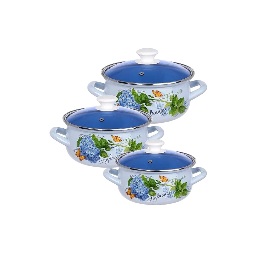Набор эмалированных кастрюль Керченский металлургический завод Гортензия-Экстра, 2л, 3л, 4л, с крышками