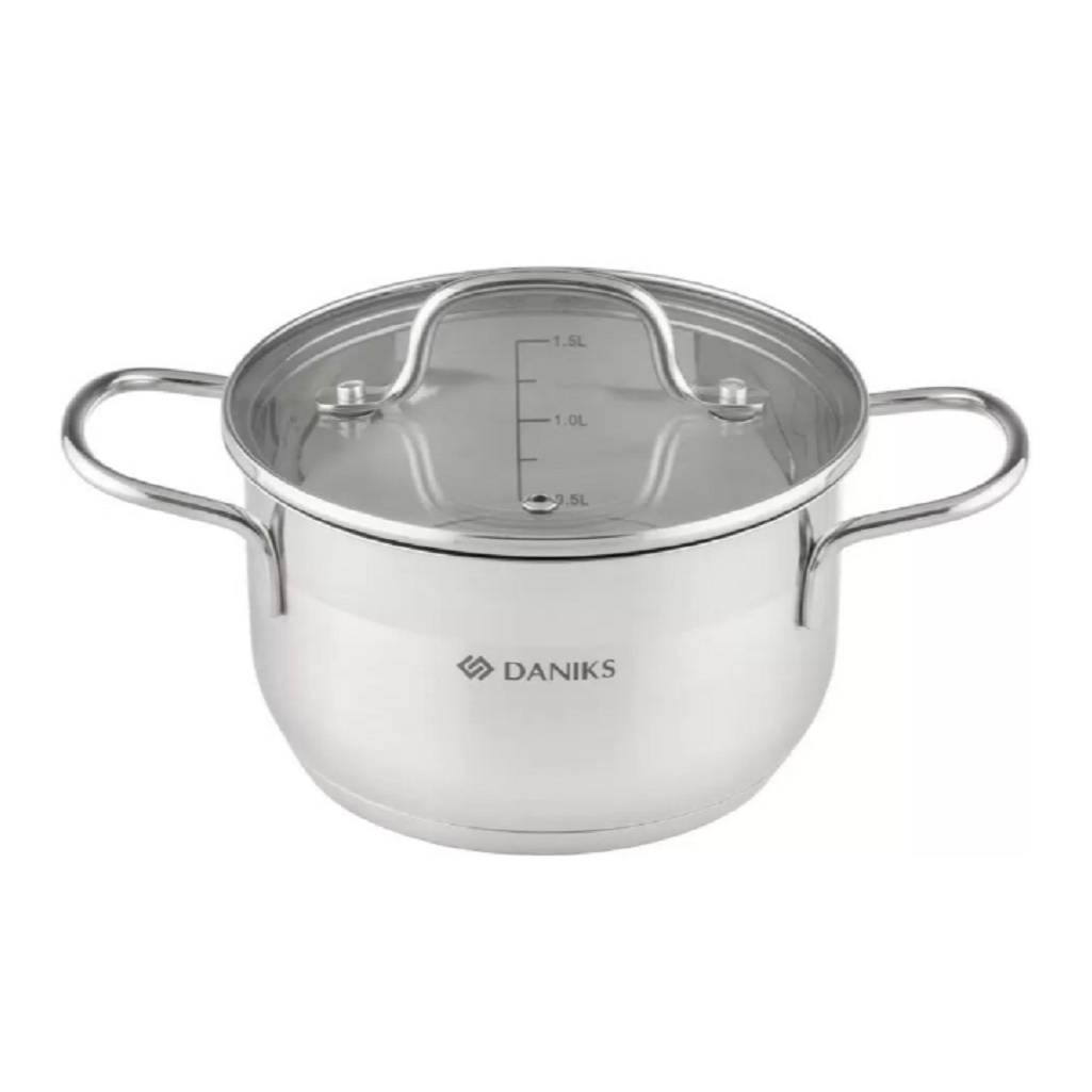 Кастрюля Daniks GS-01363-16CA Нолан, нержавеющая сталь, крышка стекло, индукция, 1.9 л