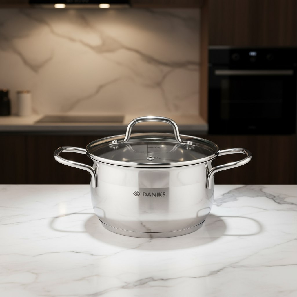 Кастрюля Daniks GS-01363-16CA Нолан, нержавеющая сталь, крышка стекло, индукция, 1.9 л