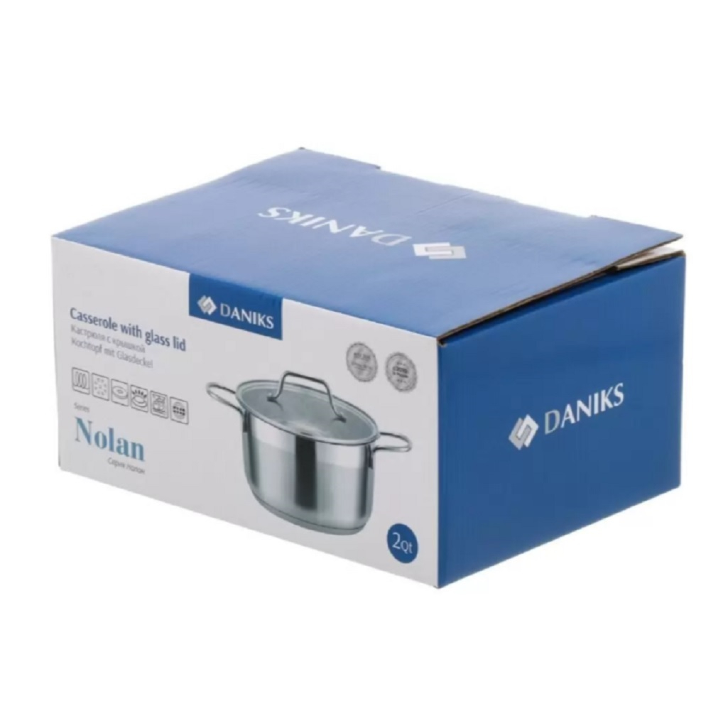 Кастрюля Daniks GS-01363-16CA Нолан, нержавеющая сталь, крышка стекло, индукция, 1.9 л
