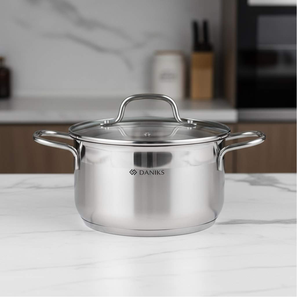 Кастрюля Daniks GS-01363-20CA Нолан, нержавеющая сталь, крышка стекло, индукция, 2.6 л