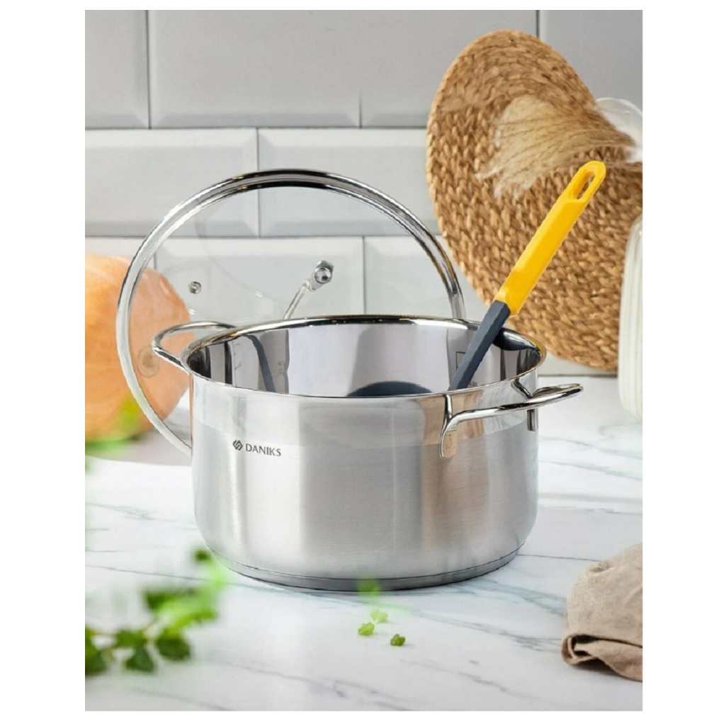 Кастрюля Daniks GS-01363-24CA Нолан, нержавеющая сталь, крышка стекло, индукция, 6.1 л
