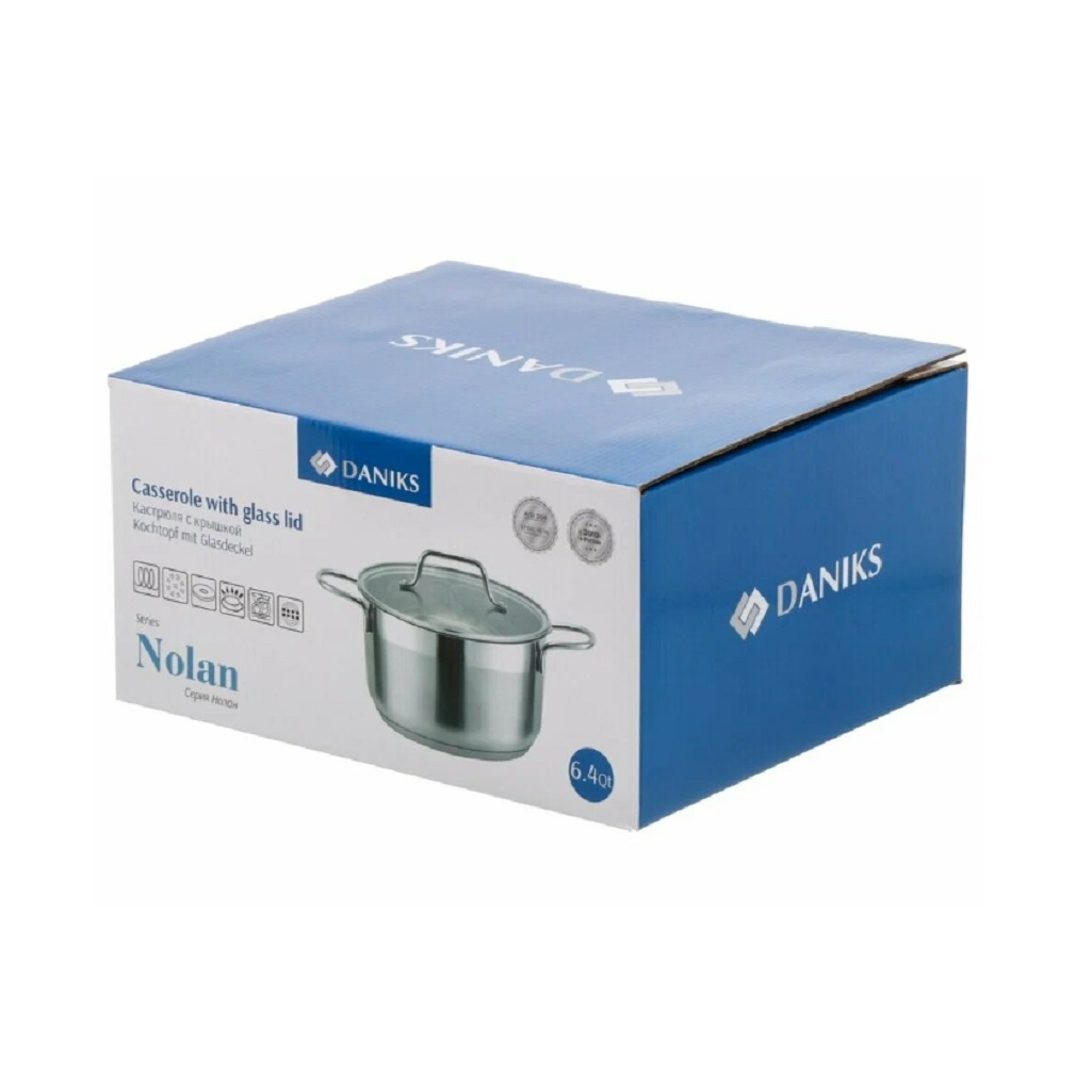 Кастрюля Daniks GS-01363-24CA Нолан, нержавеющая сталь, крышка стекло, индукция, 6.1 л
