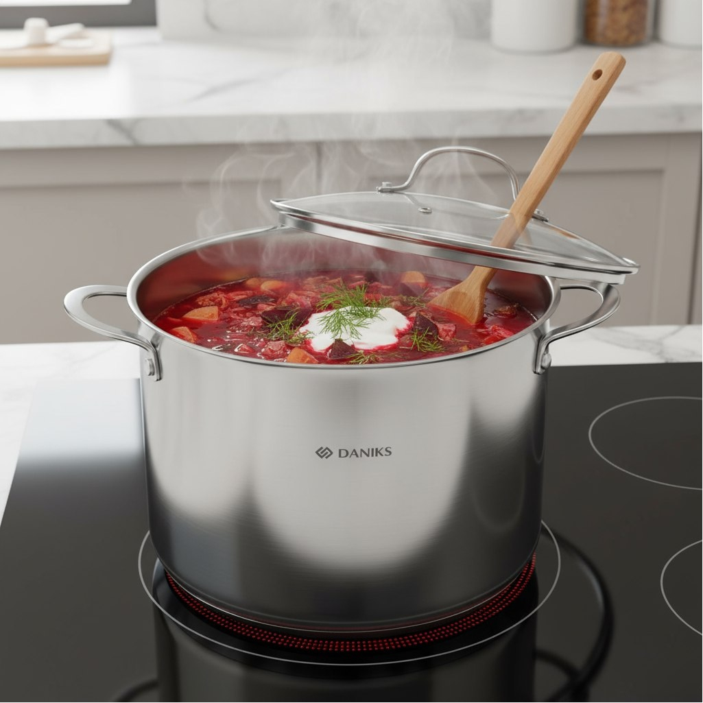 Кастрюля Daniks GS-01338-24HCA Профессионал, нержавеющая сталь, крышка стекло, индукция, 8 л