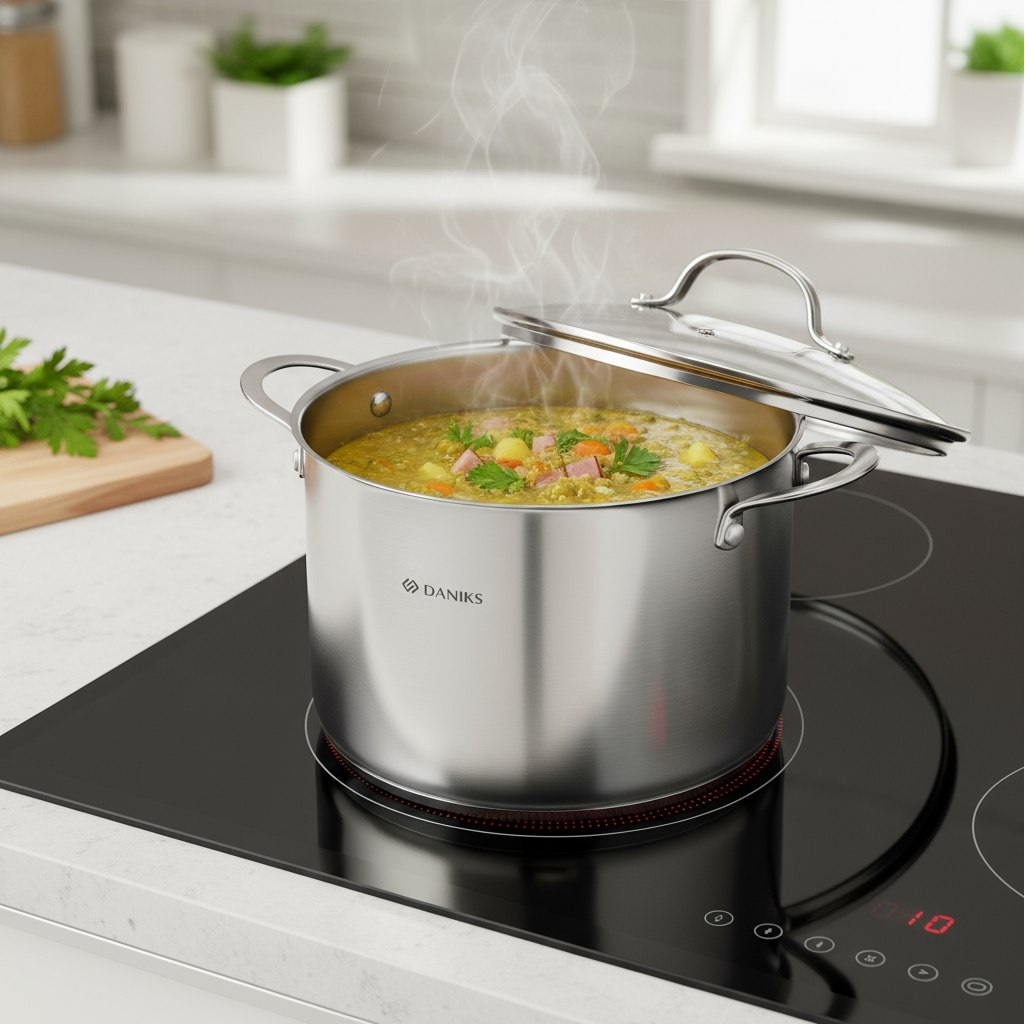 Кастрюля Daniks GS-01338-24HCA Профессионал, нержавеющая сталь, крышка стекло, индукция, 8 л