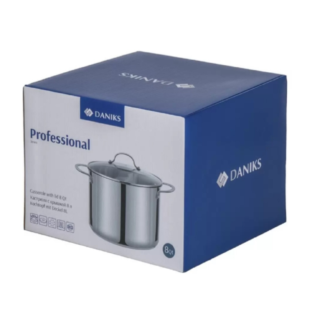 Кастрюля Daniks GS-01338-24HCA Профессионал, нержавеющая сталь, крышка стекло, индукция, 8 л