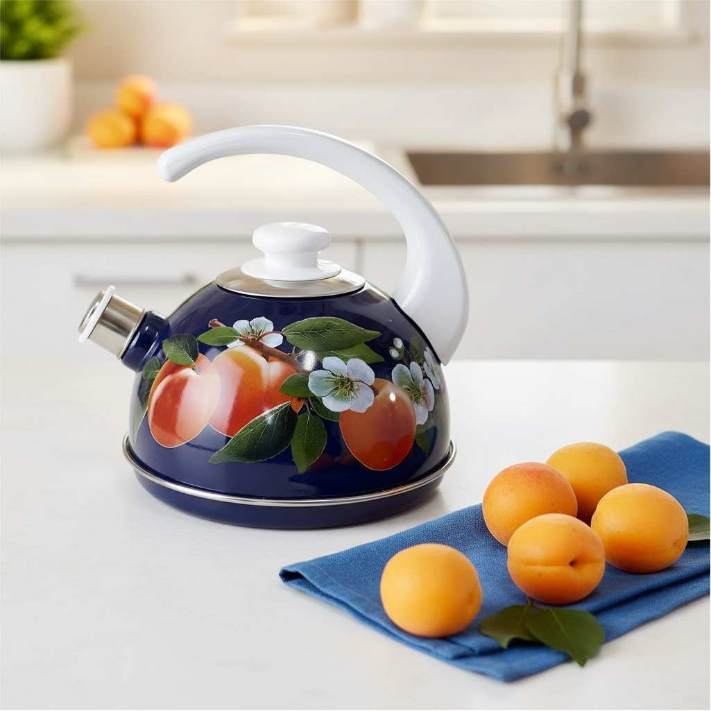 Чайник эмалированный Рубин Абрикос, со свистком, ручка консольная, синий, 2.5 л