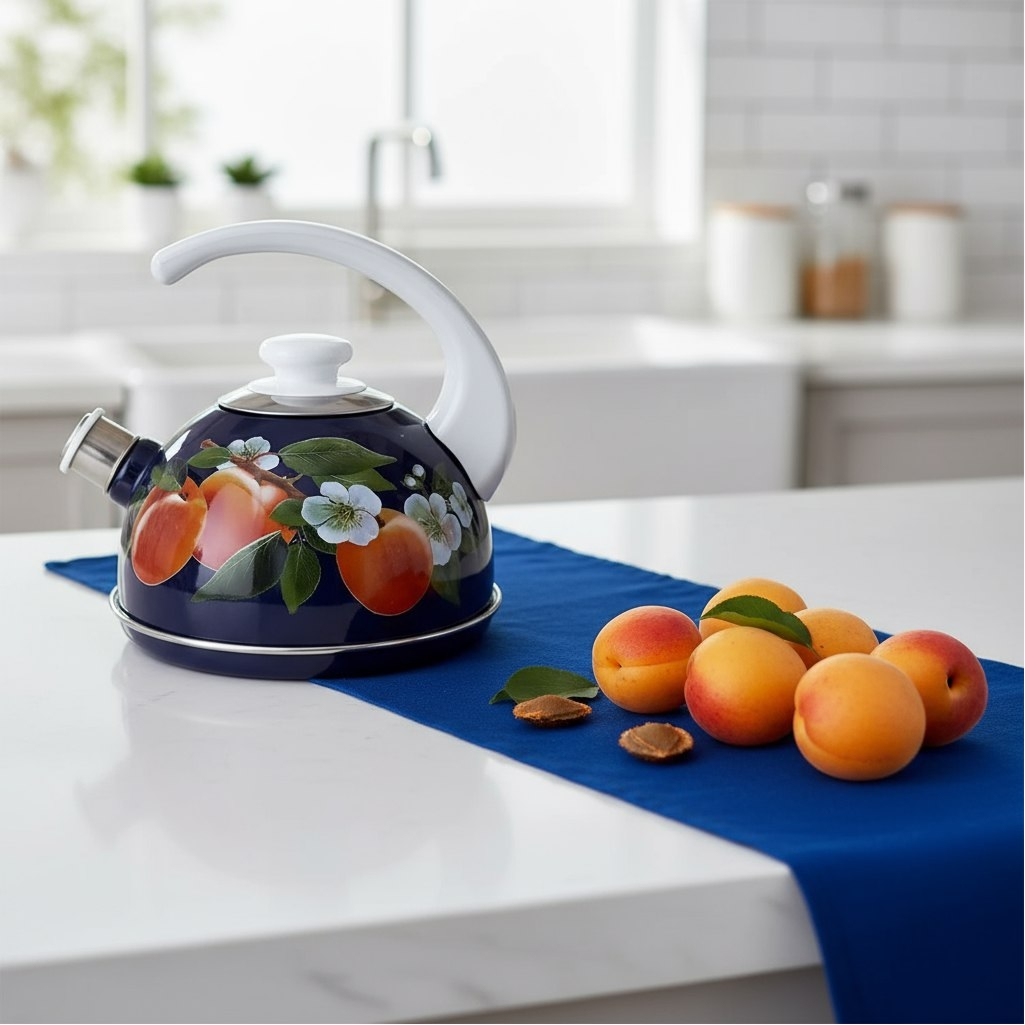 Чайник эмалированный Рубин Абрикос, со свистком, ручка консольная, синий, 2.5 л
