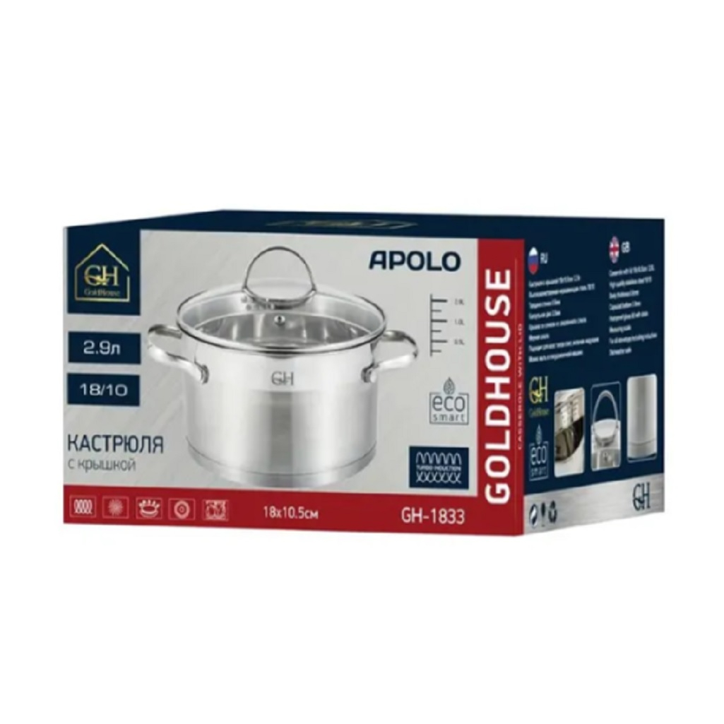 Кастрюля из нержавеющей стали Gold House Ringo GH-1829, стеклянная крышка, объем 2.9 л
