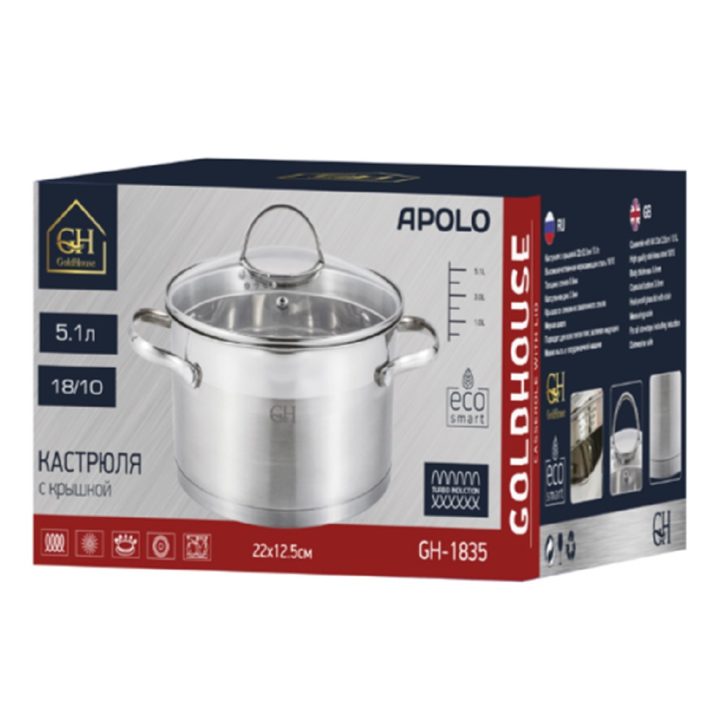 Кастрюля из нержавеющей стали Gold House Apolo GH-1835, стеклянная крышка, объем 5.1 л