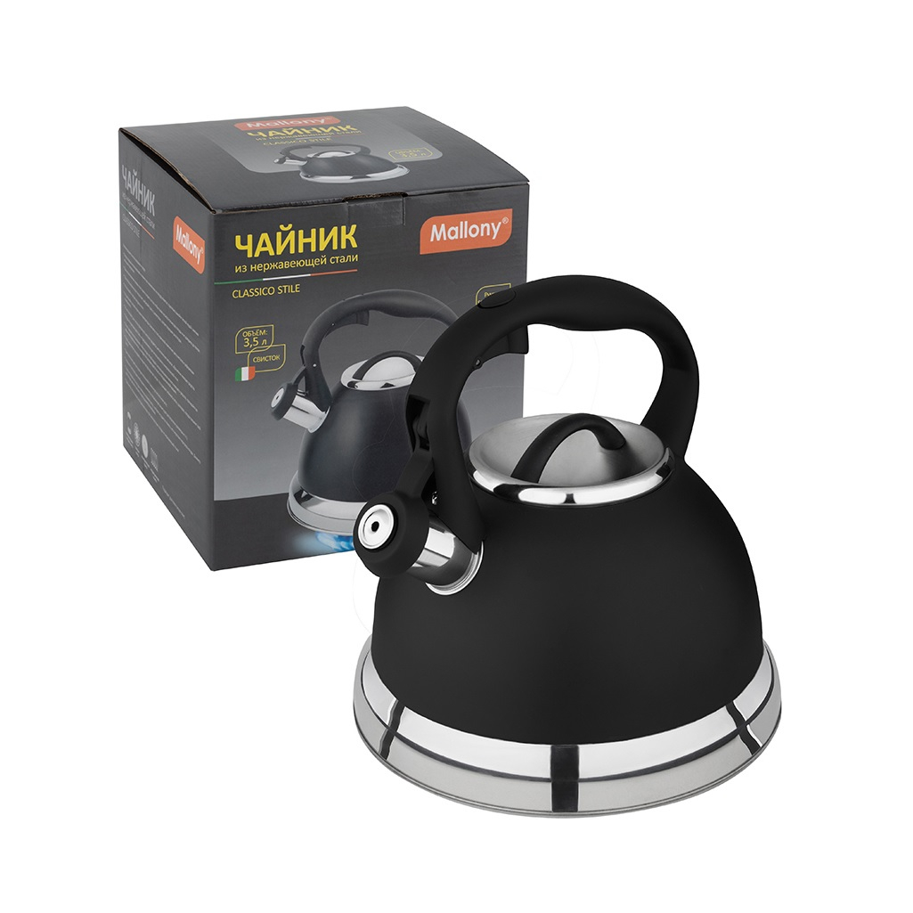 Чайник Mallony Classico Style, нержавеющая сталь, черный матовый, ручка с soft-touch, индукция, 3.5 л