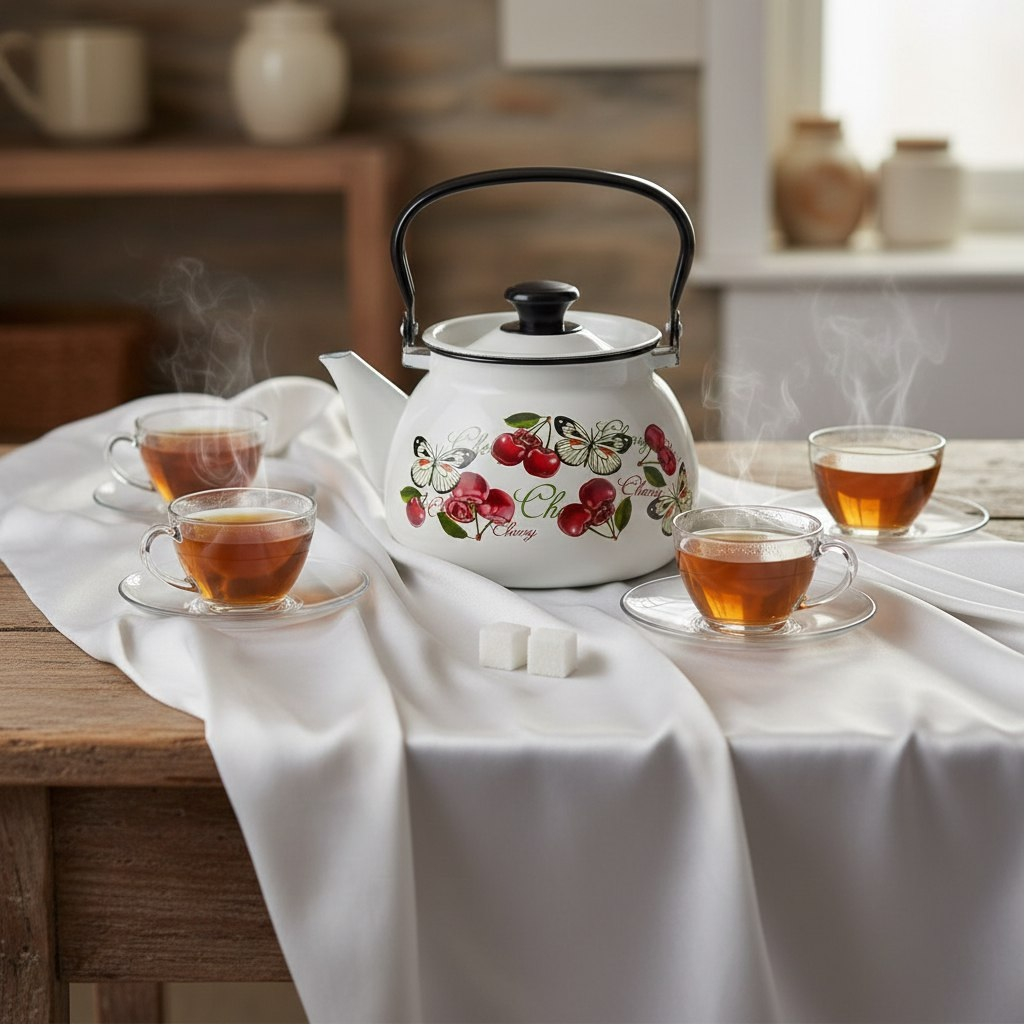 Чайник эмалированный Керчь 42104-132/6-У4, Черешенка, белый 3.5 л