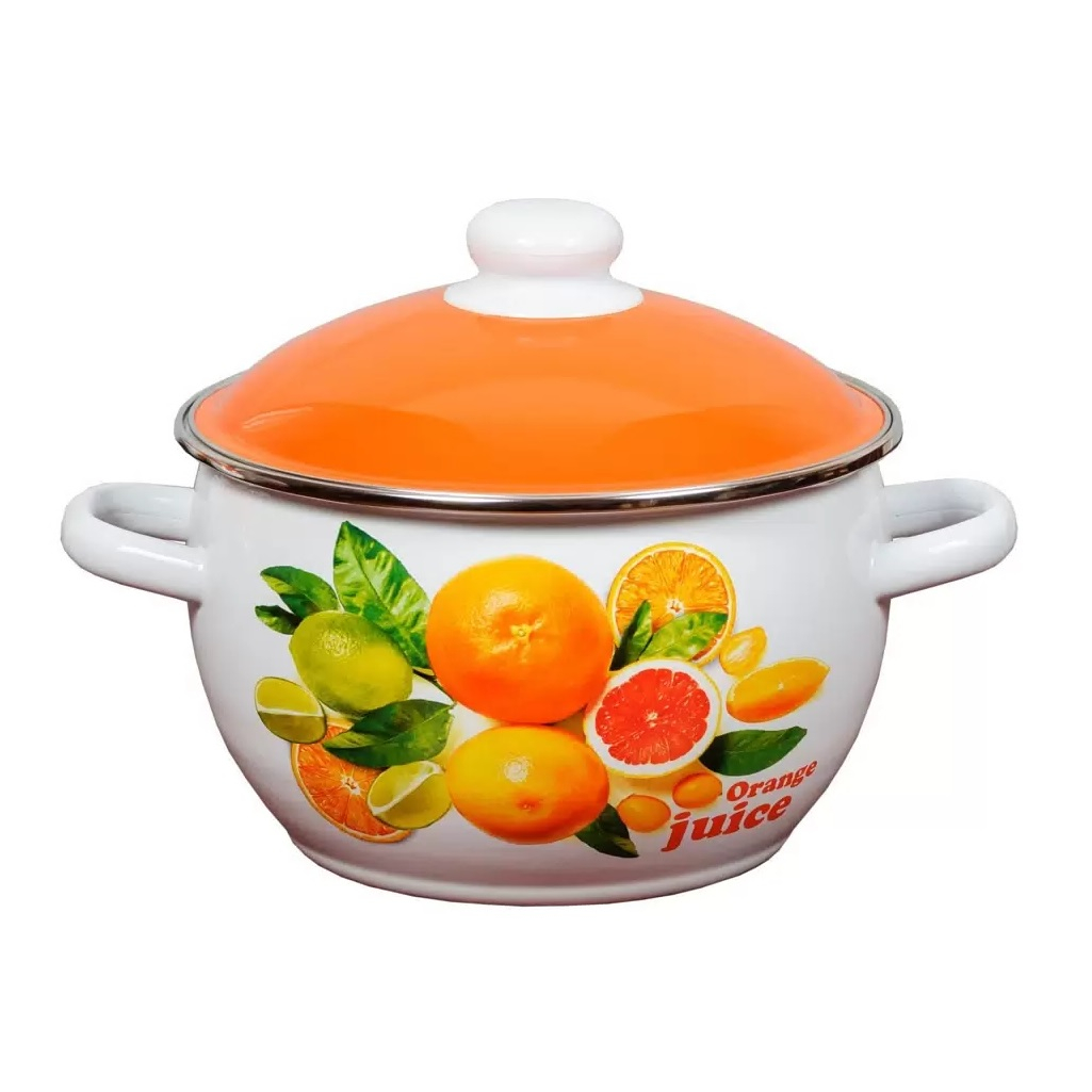Кастрюля эмалированная СтальЭмаль Orange 515026, 3 л, крышка сталь, белая