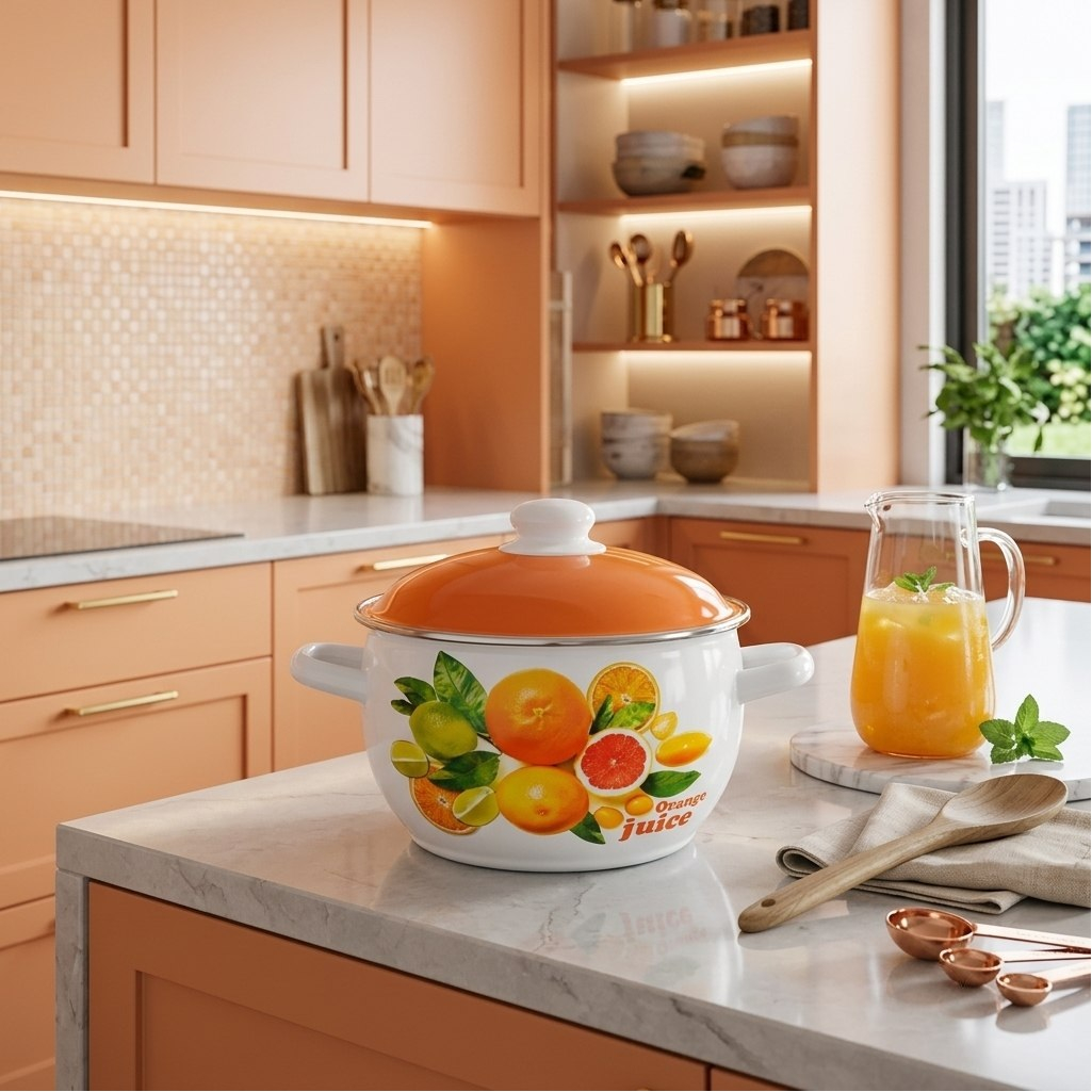 Кастрюля эмалированная СтальЭмаль Orange 515027, 4 л, крышка сталь, белая